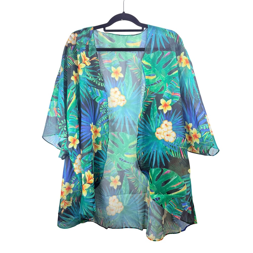 Women's Tropical Floral Sheer Kimono Cover Up Green Blue Monstera Hibiscus Large